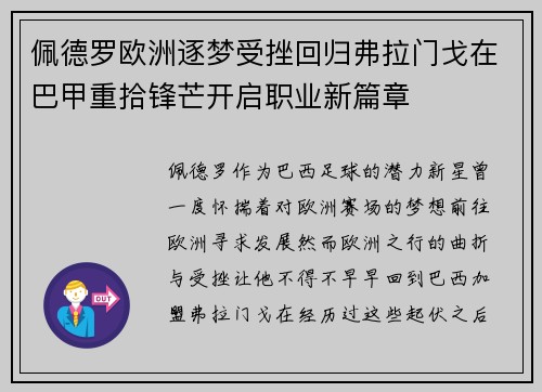 佩德罗欧洲逐梦受挫回归弗拉门戈在巴甲重拾锋芒开启职业新篇章